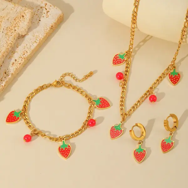 Wholesale Jewelry Cute Sweet Strawberry 304 Stainless Steel Acrylic 18K Gold Plated Plating Inlay Jewelry Set Cable Chain