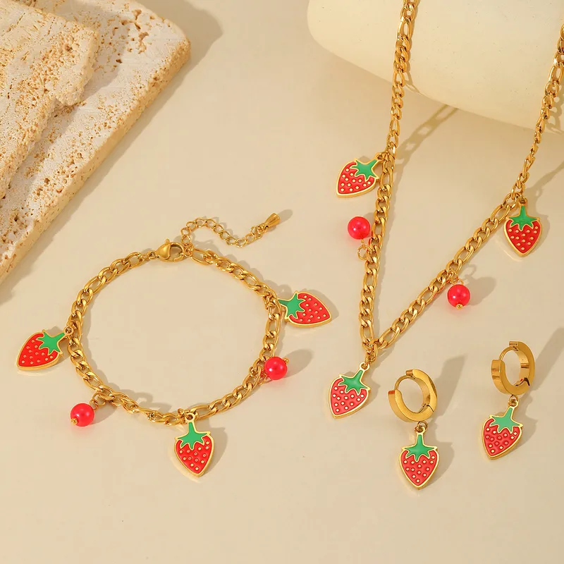 Wholesale Jewelry Cute Sweet Strawberry 304 Stainless Steel Acrylic 18K Gold Plated Plating Inlay Jewelry Set Cable Chain