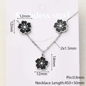 Black Six-Petal Flower Pendant Necklace & Earings Set (Steel Color) / 14x12mm (Length:450+50mm)& 12x12mm / 1 Set/Package