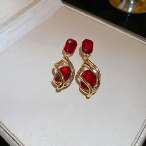 Silver Needle red water drop earrings