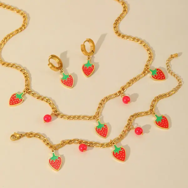 Wholesale Jewelry Cute Sweet Strawberry 304 Stainless Steel Acrylic 18K Gold Plated Plating Inlay Jewelry Set Cable Chain