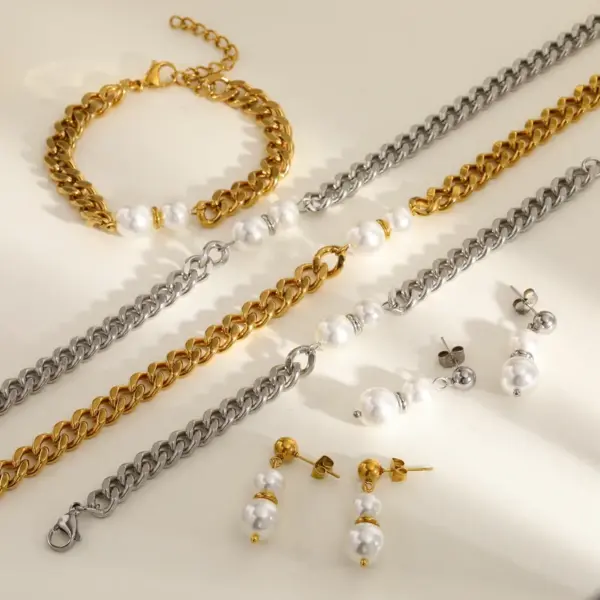 Wholesale Vacuum Electroplating (In Furnace) Plated 18K Real Gold 303201 Stainless Steel Pearl Elegant Vintage Romantic Jewelry Set