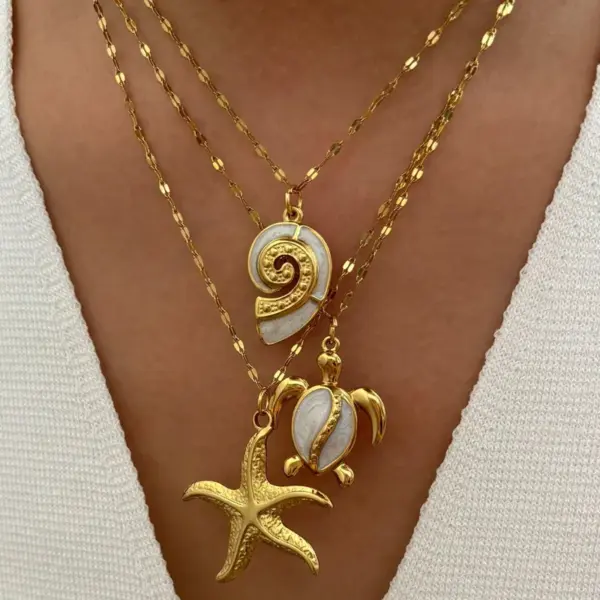 Wholesale 316L Stainless Steel Tortoise Starfish Conch Waterproof Non Tarnish Surgical Steel Marine Style Pendant Necklace For Women's