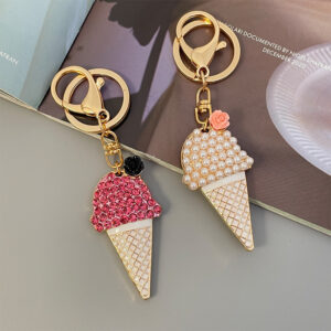 Wholesale New Creative Korean Style Pearl Ice Cream Car Keychain Women's Bag Pendant Metal Key Chain Ring Diamond Gift
