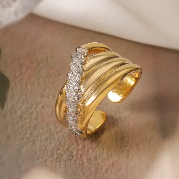 Wholesale Retro Geometric Solid Color Copper Inlay 18K Gold Plated Zircon Open Rings