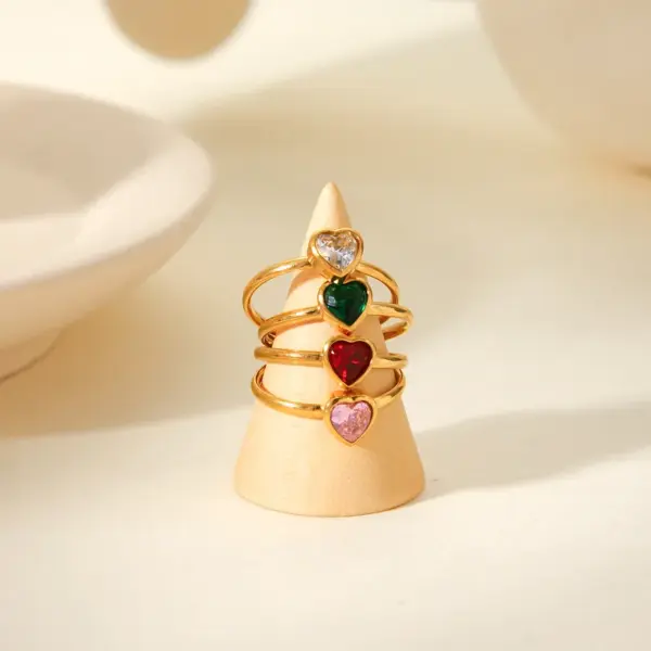 Wholesale 304 Stainless Steel Heart Shape PVD Coated Zircon 18K Real Gold Plated Vacation Modern Style IG Style Waterproof Non Tarnish Inlay Red Open Rings