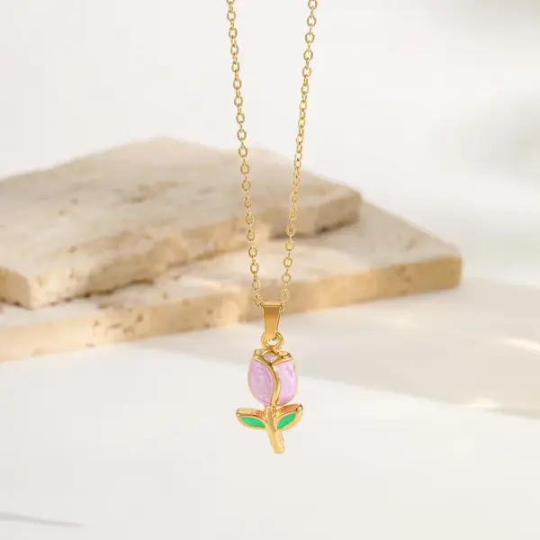 Wholesale Jewelry Elegant Simple Style Flower 304 Stainless Steel 18K Gold Plated Enamel Plating Pendant Necklace Cable Chain