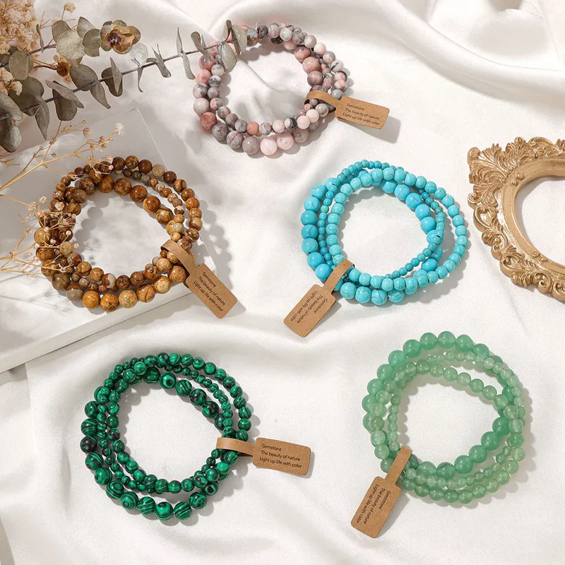 Wholesale 4mm/6mm/8mm Three-piece Bracelet Stone Beads Elastic Rope Bracelet Simple Label Combination Men And Women Bracelet