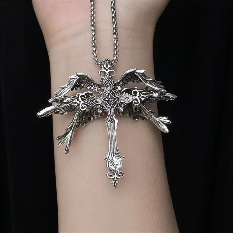 Wholesale Amazon Cross-border Hot New Retro Seraph Cross Necklace Europe and America Exaerated Fashion Pendant