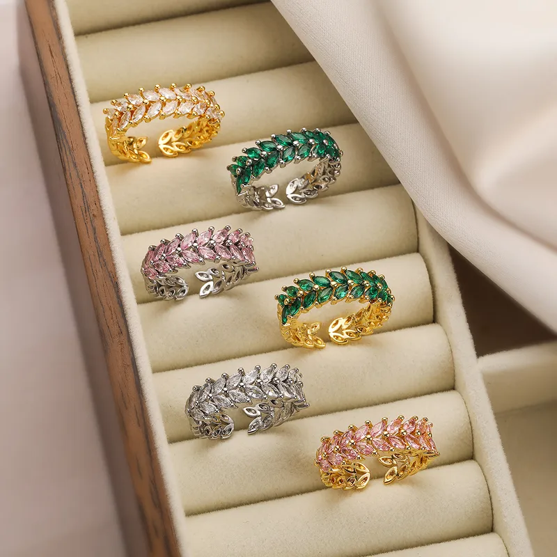 Wholesale Vintage Style Simple Style Commute Leaf Copper Plating Inlay Zircon 18k Gold Plated Open Rings