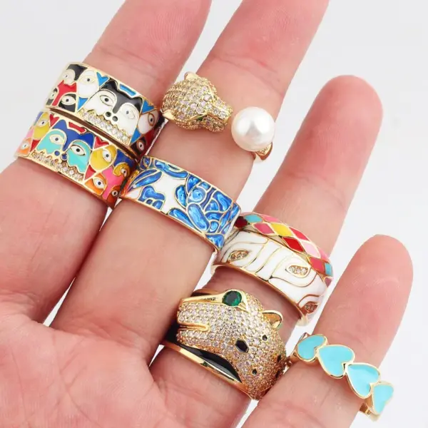 Wholesale Retro Color Block Copper Open Ring Inlay Zircon Copper Rings