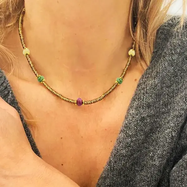 Wholesale Retro Geometric 316L Stainless Steel Natural Stone Vacuum Plating Necklace In Bulk