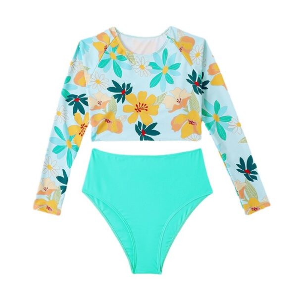 Wholesale 2025 European and American New Digital Printed High Neck Long Sleeve Amazon Bikini High Waist Split Surfer Women's Swimsuit