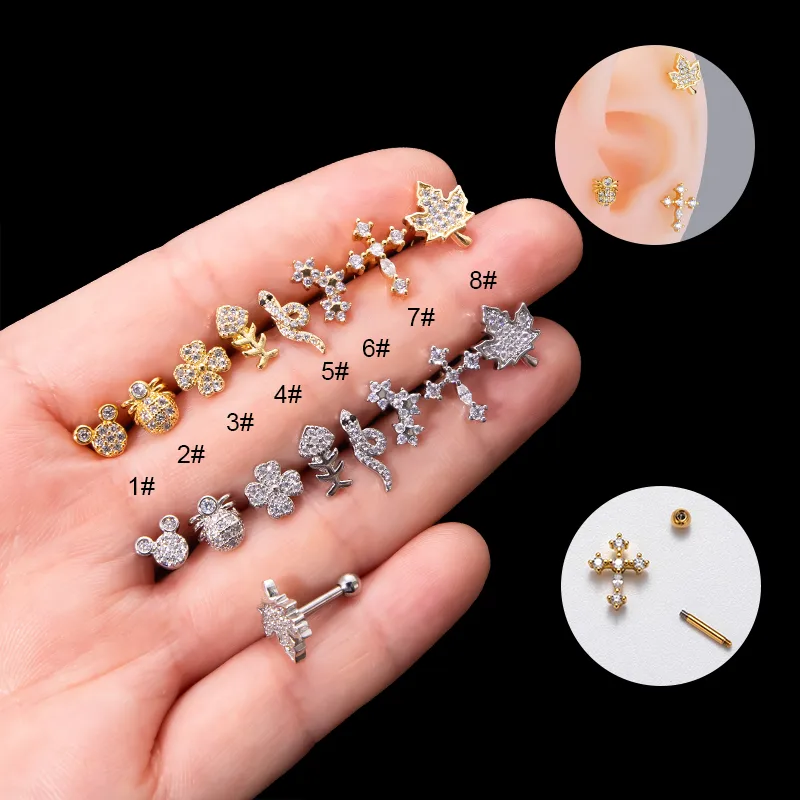 Wholesale 1 Piece Sweet Simple Style Cross Snake Plating Inlay Copper Zircon Cartilage Earrings