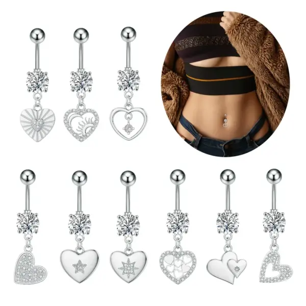 Stainless Steel Heart Series Zircon Navel Ring Piercing Jewelry Simple Style Unisex Navel Decoration Flower Pattern