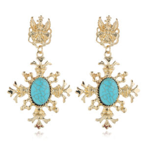 Wholesale Korean Dongdaemun Retro Baroque Cross Stud Earrings for Women - Trendy and Fashionable Turquoise Gemstone Earrings