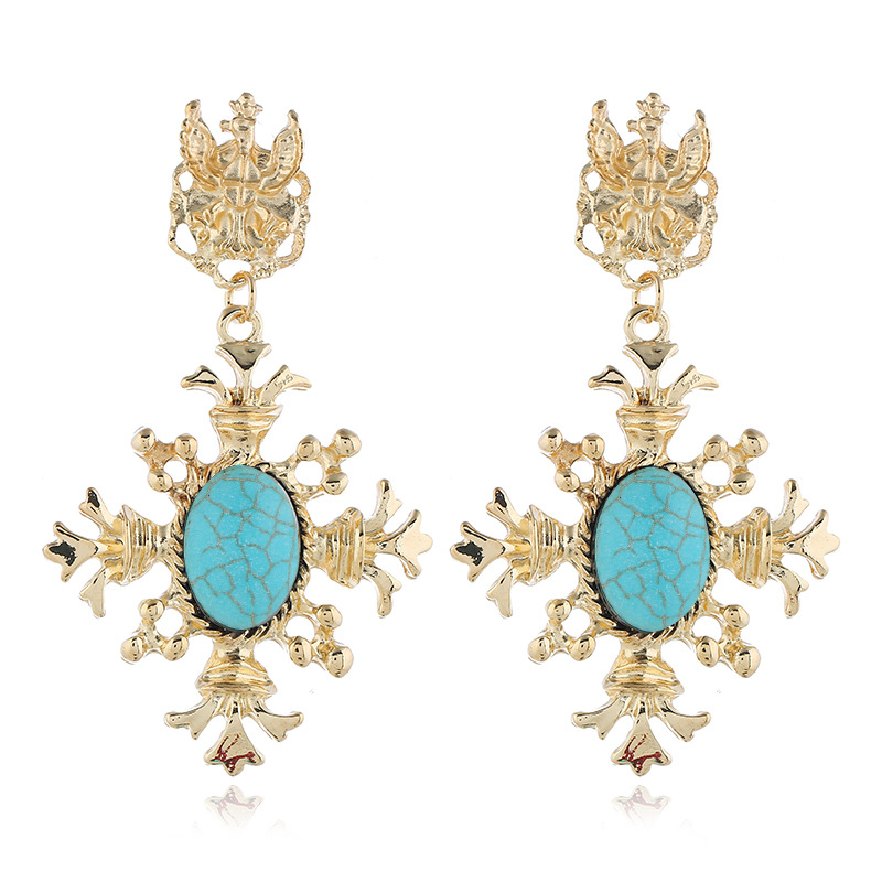Wholesale Korean Dongdaemun Retro Baroque Cross Stud Earrings for Women - Trendy and Fashionable Turquoise Gemstone Earrings