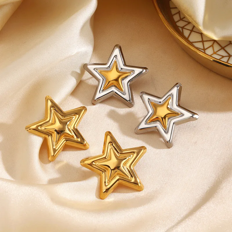 Wholesale PVD Coated 18K Gold Plated Pentagram Star 304 Stainless Steel Casual Rock Streetwear Waterproof Non Tarnish Ear Studs