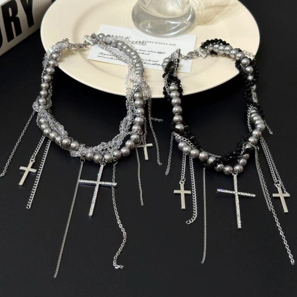 oly-0f7e42c941dbf825a342d77b05796170 Wholesale Sweet Cool Spice Multi-layer Imitation Pearl Chain Winding Long and Short Tassel Cross Pendant Necklace Women's European and American Elegant Necklace