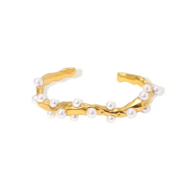 Wholesale 304 Stainless Steel Geometric Round Square PVD Coated Artificial Pearls Rhinestones Zircon 18K Gold 18K Real Gold Plated Real Gold Plated Glam Classic Style Waterproof Non Tarnish Asymmetrical Polishing Gold Cuff Bracelets Bangle