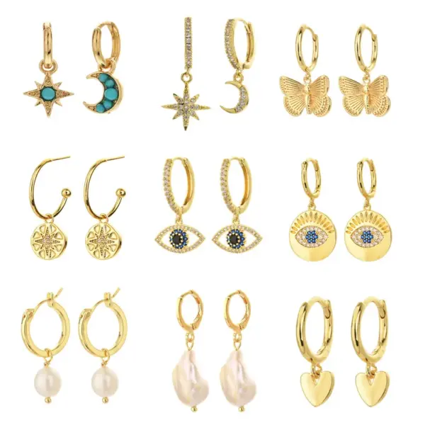 Wholesale Fashion Heart Devil Eye Plated 14k Real Gold Zircon Pearl Copper Earrings