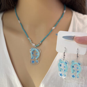 Wholesale Cross-border beach vacation style slippers earrings dopamine printed beaded acrylic necklace fashion set for women