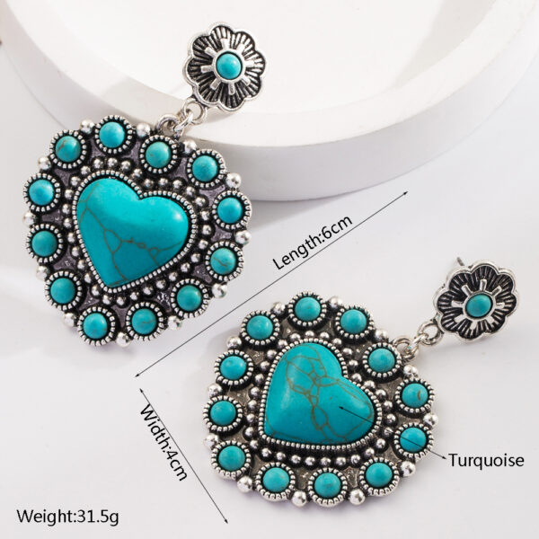 Wholesale European and American Creative New Fashion Earrings Vintage Alloy Plated Ancient Silver Diamond Turquoise Love Pendant Party Earrings