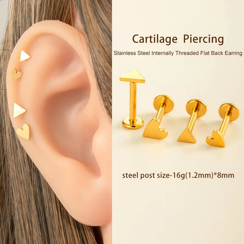Wholesale 1 Piece Ear Cartilage Rings & Studs IG Style French Style Simple Style Triangle Heart Shape 316L Stainless Steel Waterproof Non Tarnish