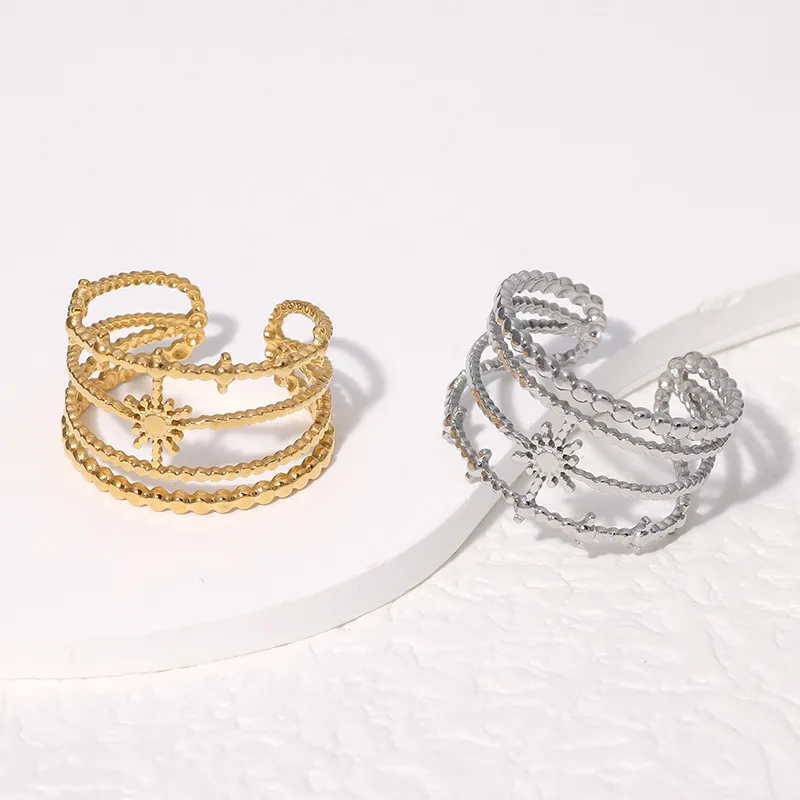 Wholesale PVD Coated Real Gold Plated 18K Gold Sun 304 Stainless Steel Vintage Style Waterproof Non Tarnish Open Rings