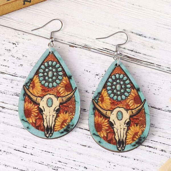 oly-0fd0f19f4515db7a952d4227bd7e9f44 Wholesale 1 Pair op Earrings Cow's Head Printed Decoration Retro Style Wood Material Fashionable Elegant Banquet Party
