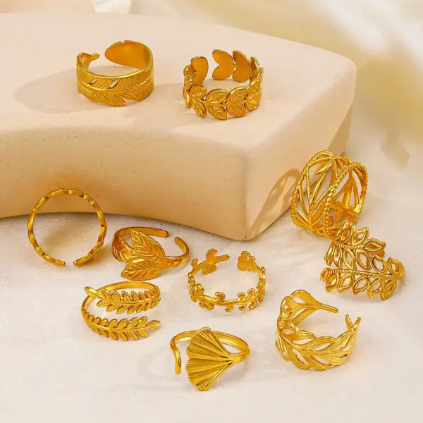 PVD Coated 18K Gold Plated Leaf 304 Stainless Steel Simple Style Waterproof Non Tarnish Open Ring