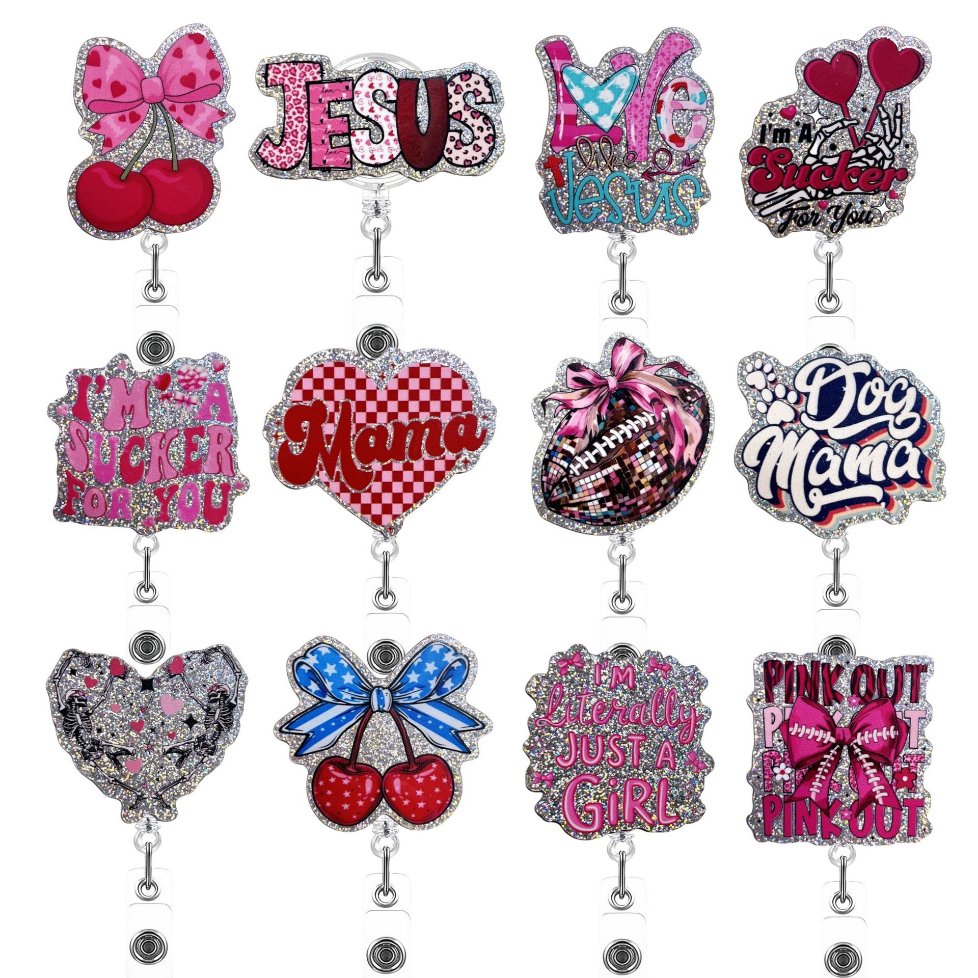 Wholesale Creative Acrylic Glitter Medical Care Heart Mother's Day Retractable Badge Clip