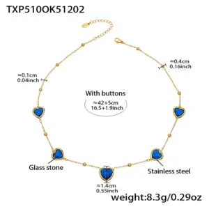 TXP510-Blue Glass Stone Gold Necklace 42+5cm