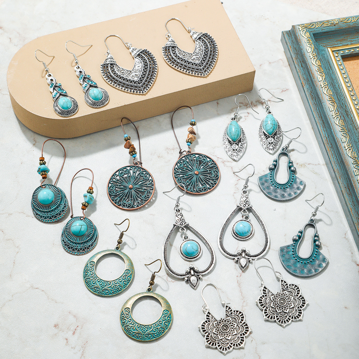 Wholesale Cross-Border Amazon European and American pular Bohemian Turquoise Earrings Retro Nostalgic Style Earrings Set