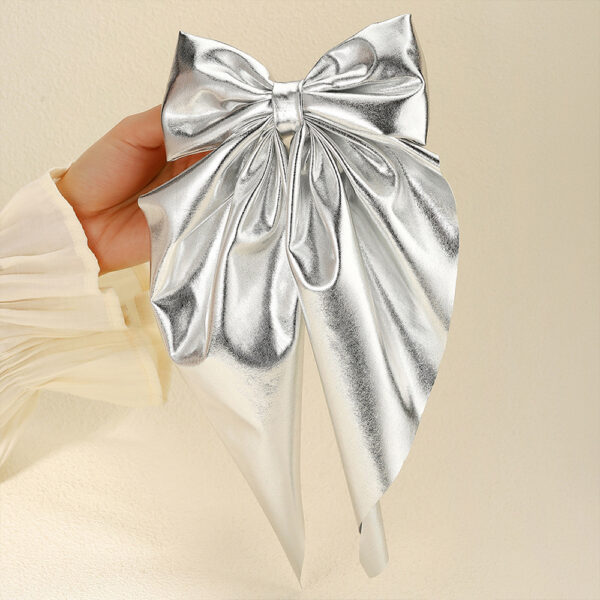 Wholesale Cross-border fashion shiny leather bow hair clip long ribbon spring clip gold and silver back hair clip holiday party hair accessory