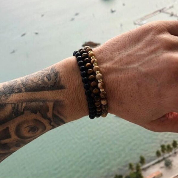 Wholesale Cross-Border Men's Hand Jewelry, Simple and Versatile 8mm Black Frosted Tiger Eye Picture Stone Elastic Set Stacking Bracelet for Men
