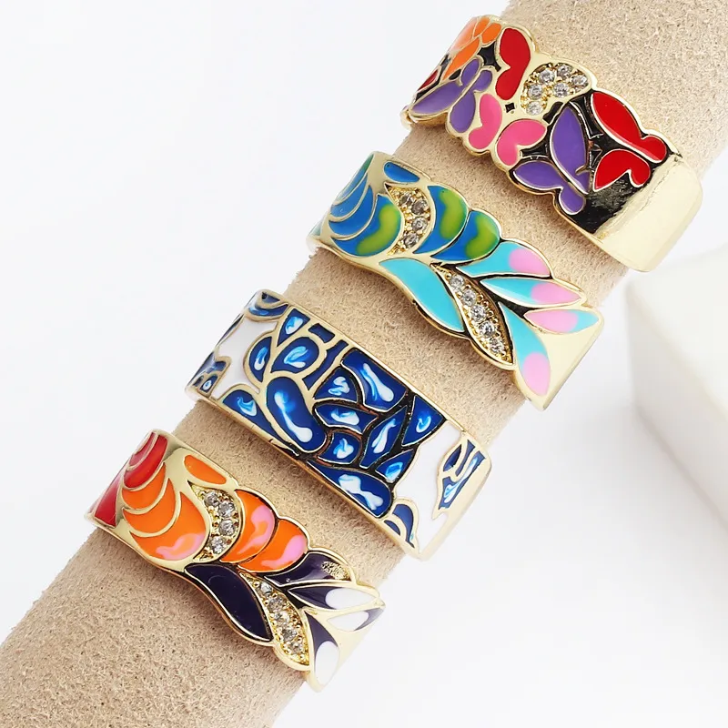 Wholesale Retro Color Block Copper Open Ring Inlay Zircon Copper Rings