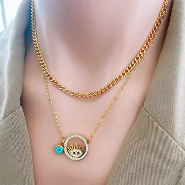 Wholesale PVD Coated Real Gold Plated Sun Eye Stainless Steel Novelty Waterproof Non Tarnish Layered Necklaces