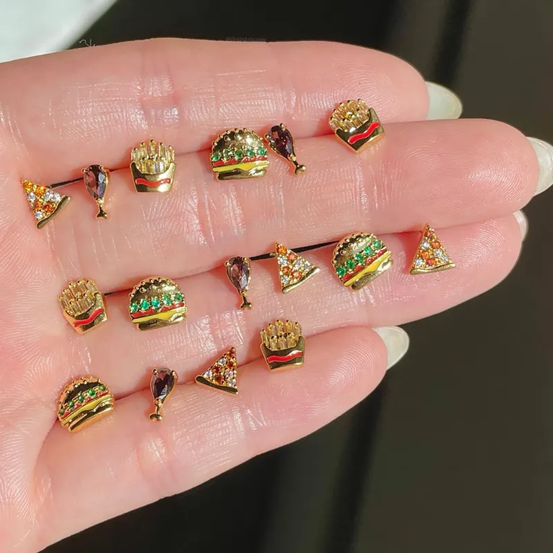 Wholesale Fashion Geometric Coke Hamburger Brass Inlaid Zircon Ear Studs 1 Pair