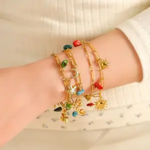 Ion Plating (IP) 14K Gold Real Plated Sun Moon Starfish 304 Stainless Steel Casual Vacation IG Style Waterproof Non Tarnish Multi Charms Bracelet