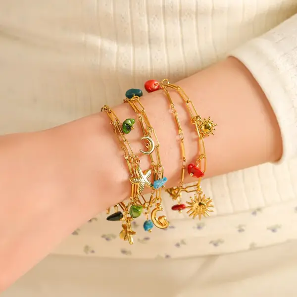 Ion Plating (IP) 14K Gold Real Plated Sun Moon Starfish 304 Stainless Steel Casual Vacation IG Style Waterproof Non Tarnish Multi Charms Bracelet