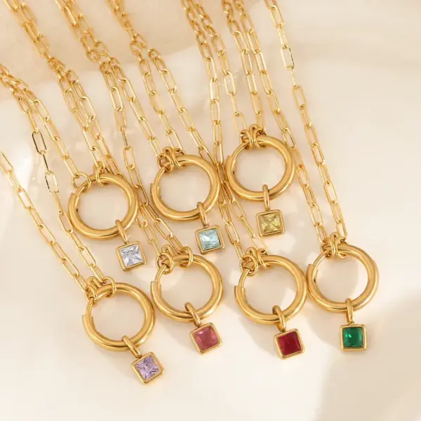 Wholesale Fashion Colorful Zodiac Stone Square Pendant Micro Inlaid Zircon Pin Stainless Steel Necklace Unisex Geometric Pattern Jewelry