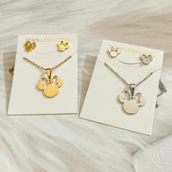 Wholesale Korean Style Cute Mickey Mouse Ear Studs Women's Unique Fashion Stainless Steel Pendant Clavicle Chain Small Fresh Style Jewelry Set