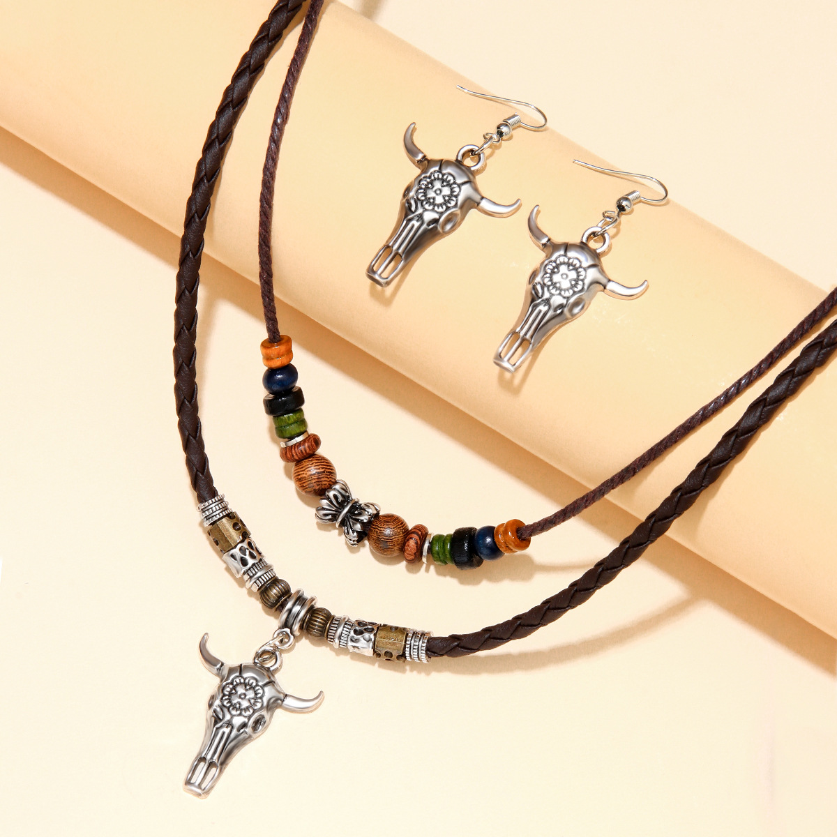 Wholesale Bull head shaped wooden bead double-layer necklace, braided rope clavicle chain