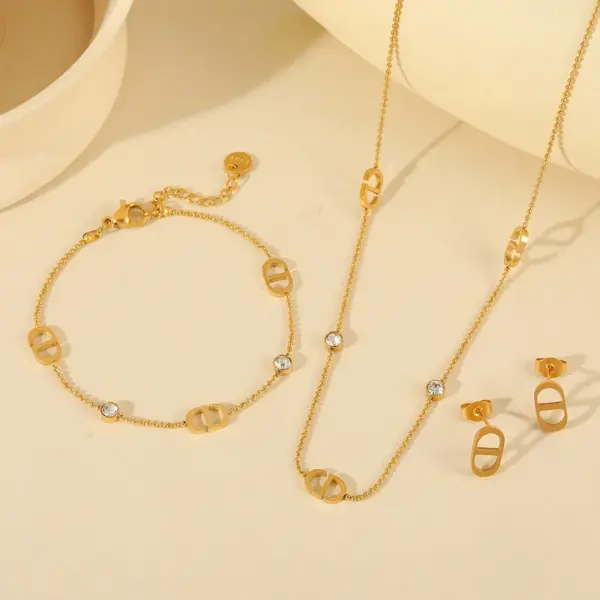 Wholesale Jewelry Basic Simple Style Geometric 304 Stainless Steel Zircon 18K Gold Plated Inlay Jewelry Set Ball Chain