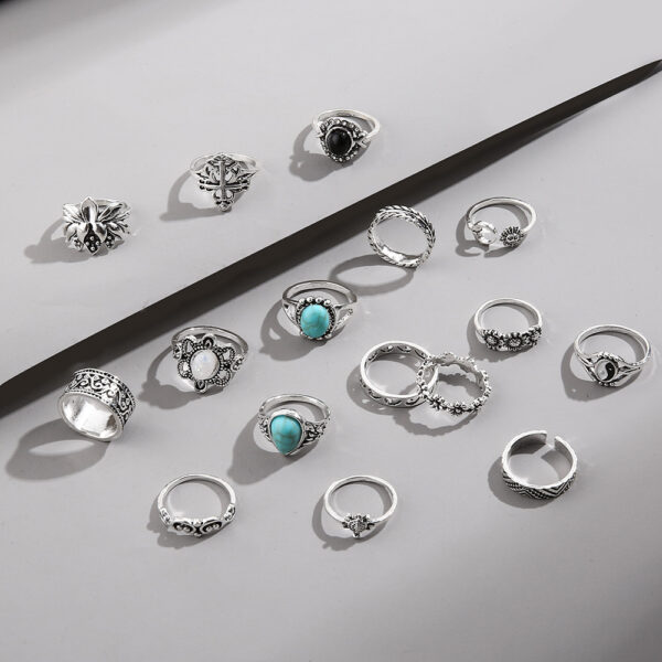 Wholesale Cross-border hot sale turquoise ring vintage carved black gem ring personality turtle flower combination 16-piece set for women