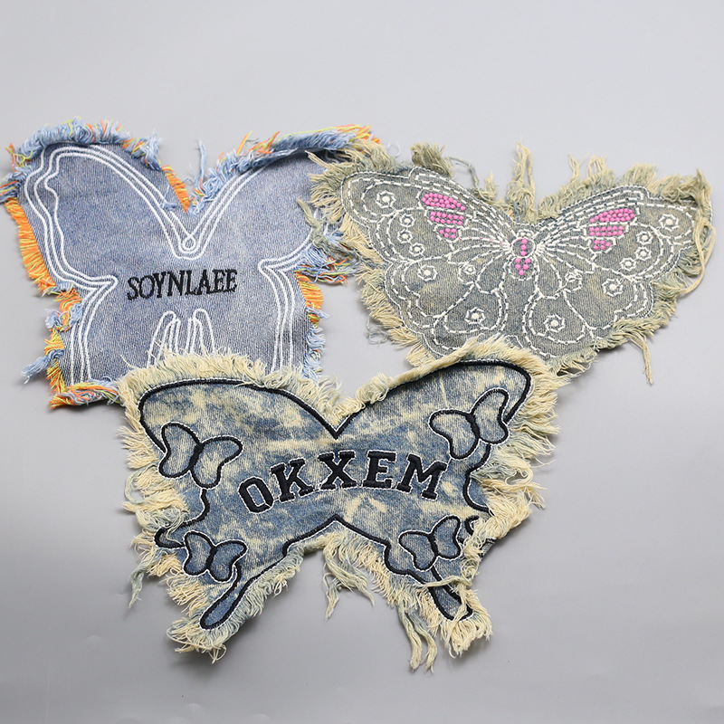 Wholesale New Denim Embroidered Butterfly Cloth Sticker Patch Embroidered Pieces Cloth Sticker Clothing Bag Hand-ed Decorative Cloth DIY