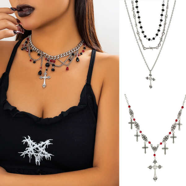 Wholesale Retro Gothic style blood dripping tassel cross multi-layer necklace