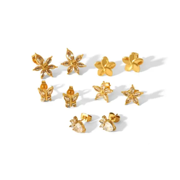 Wholesale PVD Coated Real Gold Plated 18K Gold Heart Shape Flower Butterfly 304 Stainless Steel IG Style Sweet Waterproof Non Tarnish Ear Studs