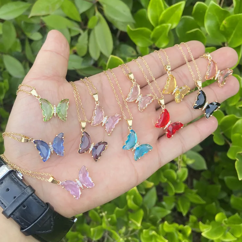 Wholesale PVD Coated 18K Gold Real Gold Plated Butterfly Stainless Steel Glass Copper Cute Waterproof Non Tarnish 304 Stainless Steel Pendant Necklace